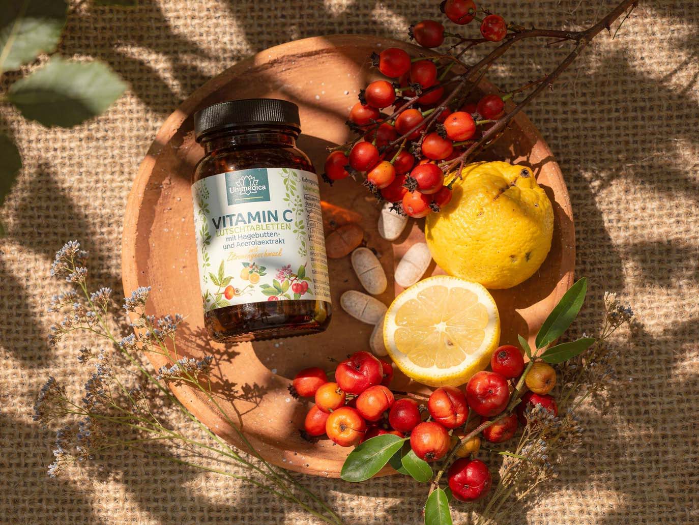 Vitamin C Lutschtabletten - mit Hagebutten- und Acerolaextrakt - 250 mg Vitamin C pro Tablette - Zitronengeschmack - 100 Lutschtabletten - von Unimedica